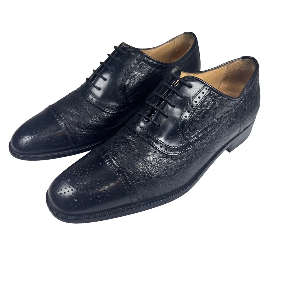 Zelli Oxford Shoes Black Pebble Leather Cap Toe Brogue ITALY Mens‎ 9.5 M